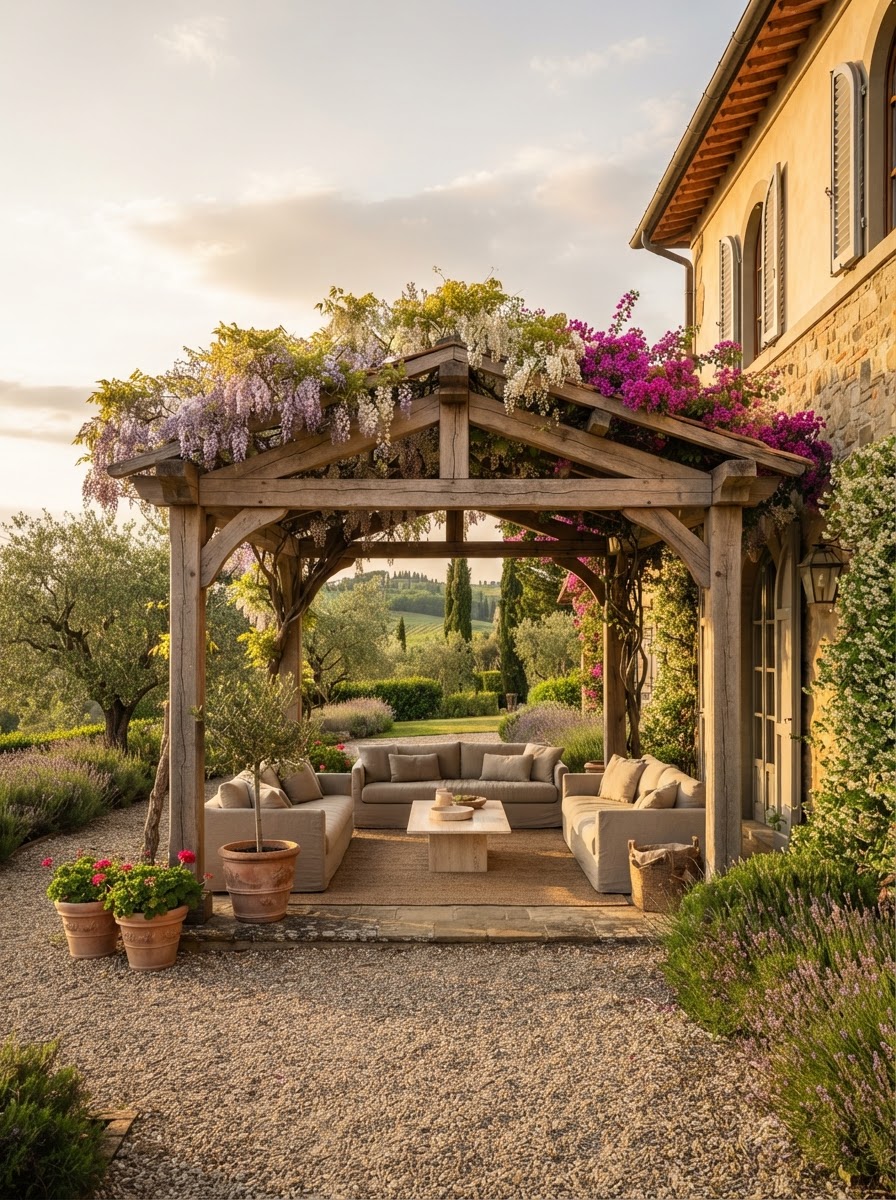 Pergola in legno su misura con salotto da esterno a Roma e provincia