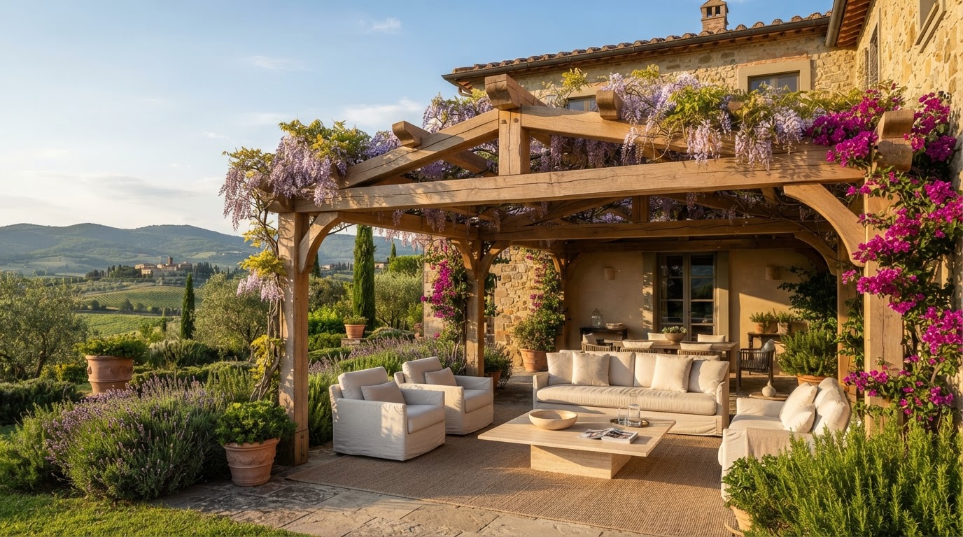 Pergola in legno su misura con salotto da esterno a Roma e provincia